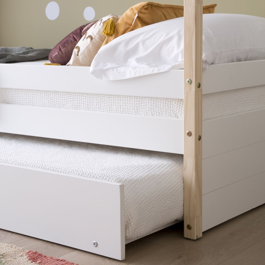 Haus cama alta con tobogán para colchón de 90x190 lacada en blanco y  natural, Banak