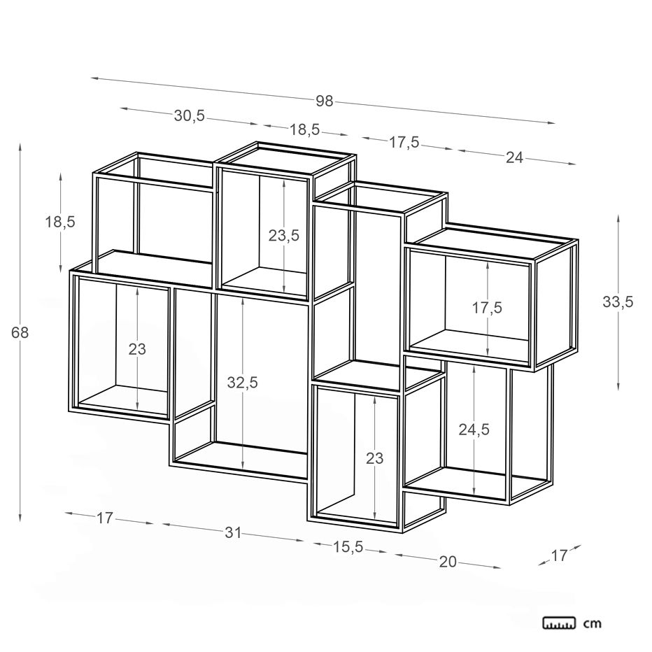 Shenan estantería de pared de madera y metal negro, Banak