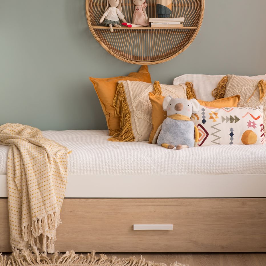 Teo cama nido con almacenaje blanco mate y natural duna para colchón de 90  | Banak