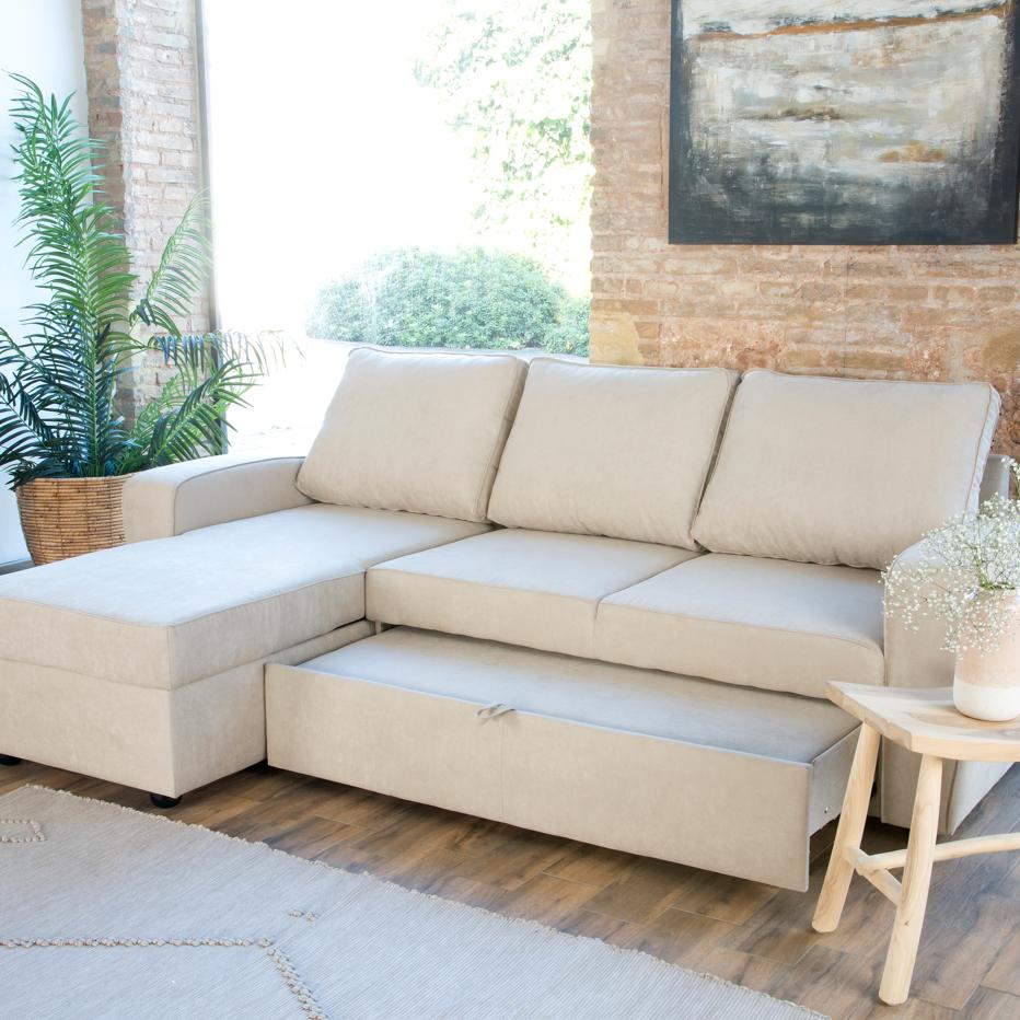 Kubor sofá cama chaise longue reversible 3 plazas beige | Banak