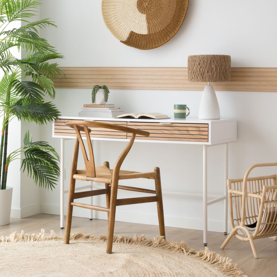 Shiro escritorio de madera lacada en blanco y natural con cajones | Banak