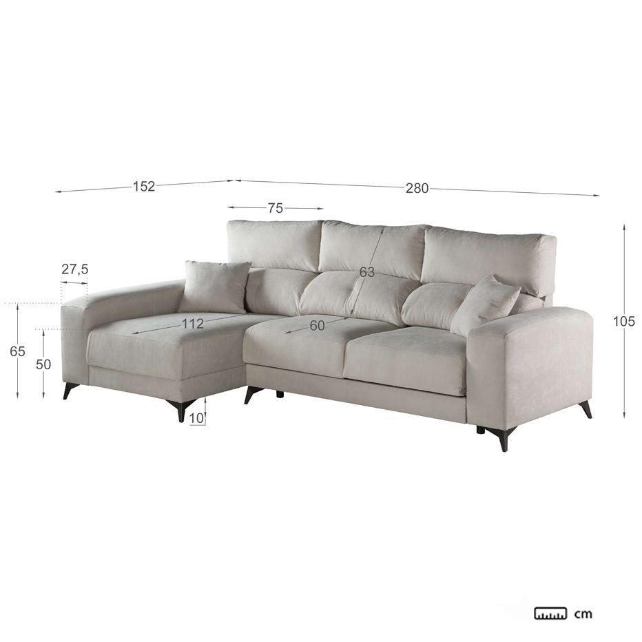 Zent sofá chaise longue reversible 4 plazas beige con almacenaje, Banak