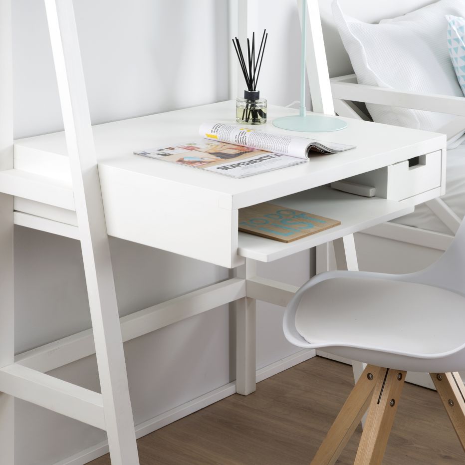 grande Punto de referencia Caducado Bassay escritorio de madera blanco con cajones y estantería | Banak