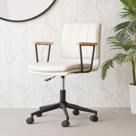 Aiko beige upholstered desk chair with armrests and castors