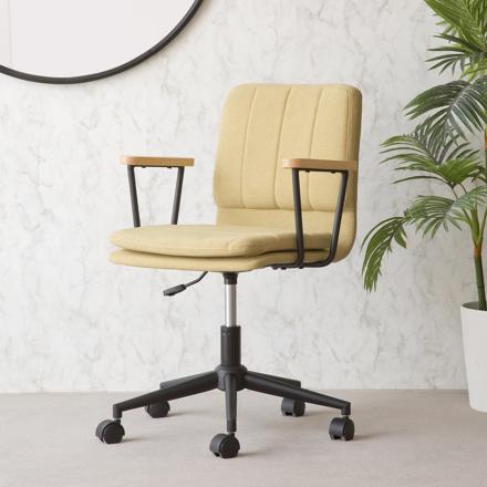 Aiko mustard upholstered desk chair with armrests and castors