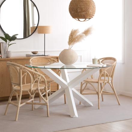 Carot mesa de comedor de madera lacada en blanco y cristal redondo de 120 cm