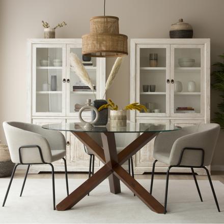 Carot mesa de jantar de madeira cor teca e vidro redondo de 120 cm