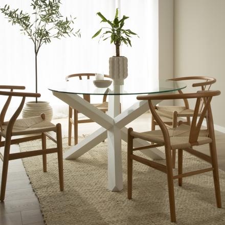 Carot table à manger en bois massif laqué blanc et verre rond de 120 cm