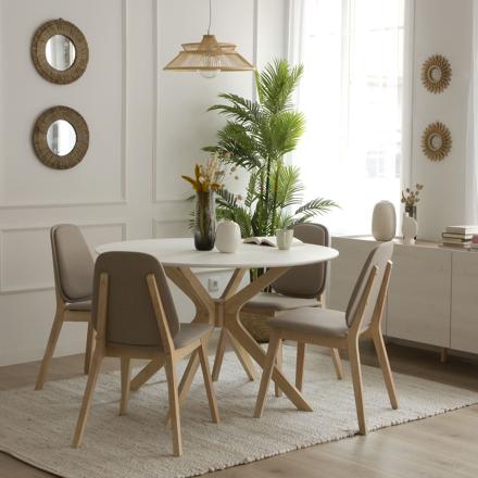 Mesa de comedor redonda estilo nordico blanca con patas madera 90 x 90 x 74  cm