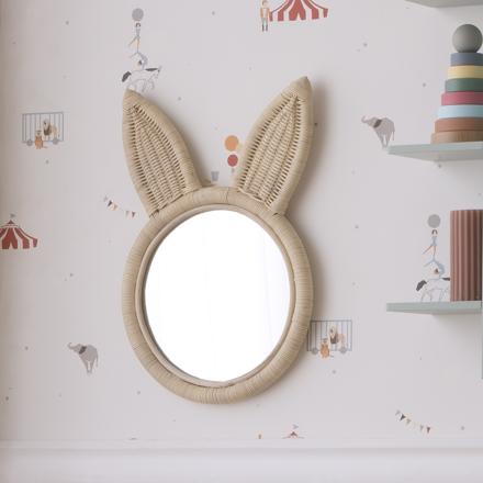 Lapin espejo redondo de pared con forma de conejo de ratán natural