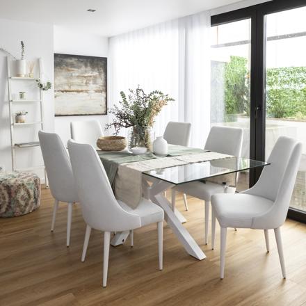 Nurma mesa de jantar em madeira laqueada em branco e vidro de 160x95