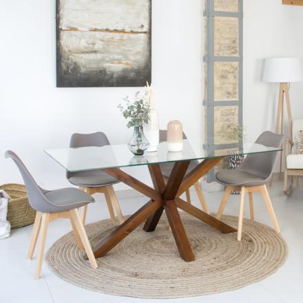 Nurma mesa de jantar de madeira cor teca e vidro de 180x95