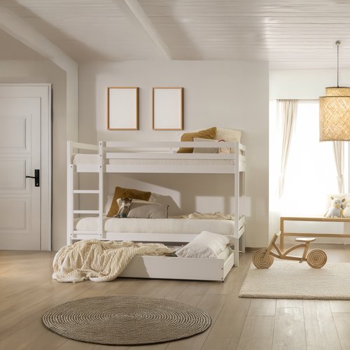 Kivu etagenbett mit ausziehbett, weiß lackiert, für matratze 90x190